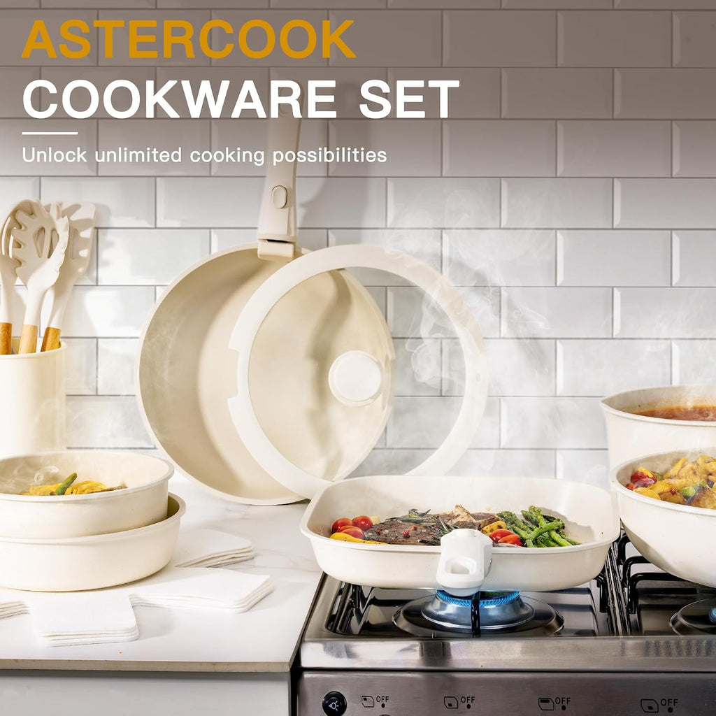 23 Pcs Pots and Pans Set Non Stick, Ceramic Cookware Set Detachable Handle, RV Kitchen Cooking Set Removable Handles