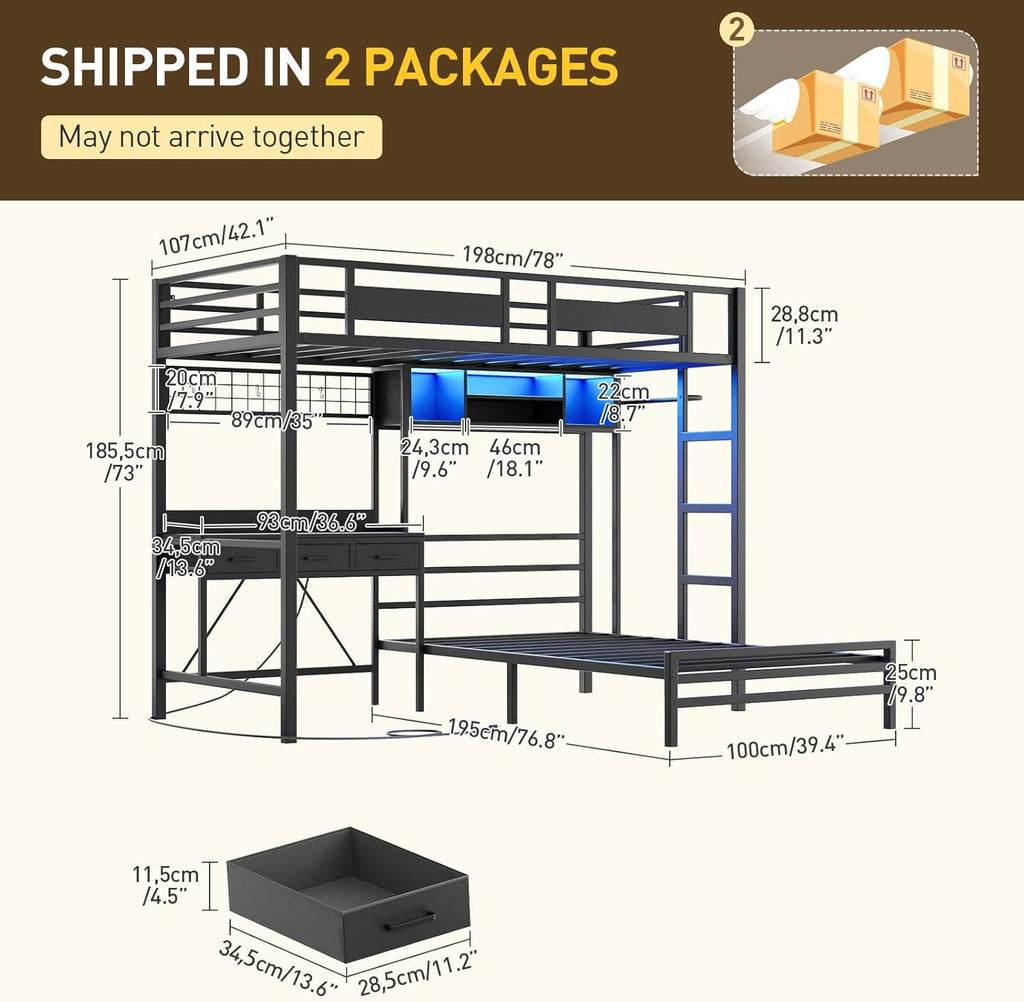 Twin Over Twin Bunk Bed with Desk with 3 Drawers & Storage Shelves, Twin Bunk Bed with Charging Station & LED Lights