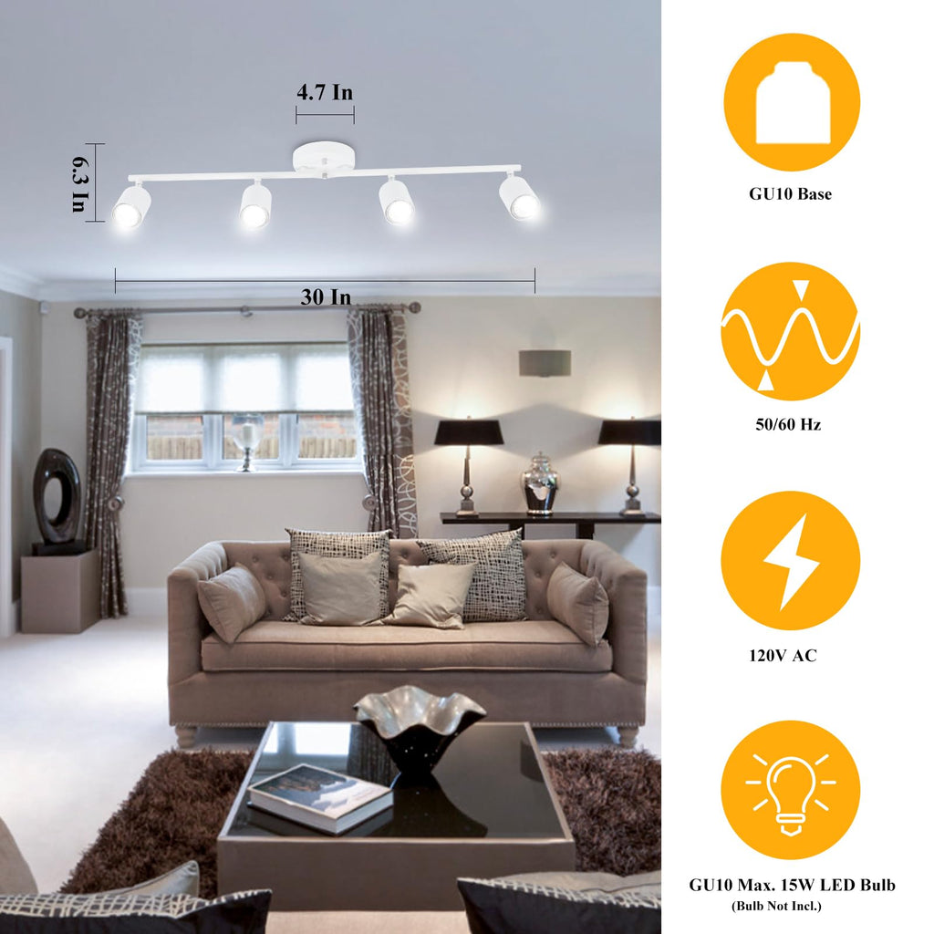 LED 4 Light Track Lighting Kit, White 4 Way Ceiling Spot Lighting, Flexibly Rotatable Light Head, Bulb Not Included