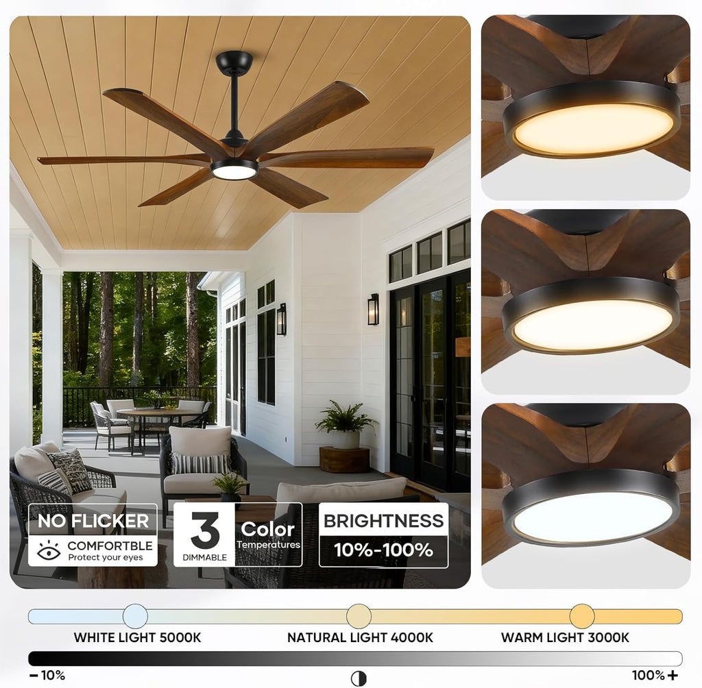 60 Inch Smart Outdoor Ceiling Fan with Lights for Patios, High CFM, Damp Rated 6 Walnut Wood Blades
