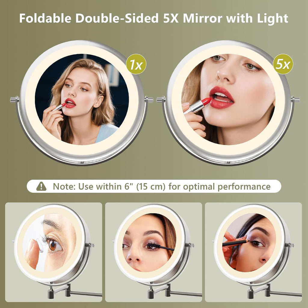 Vanity Desk w/5x Magnifying Mirror, Fluted Makeup Vanity w/Mirror and Lights, Glass Top Vanity, Dressing Table