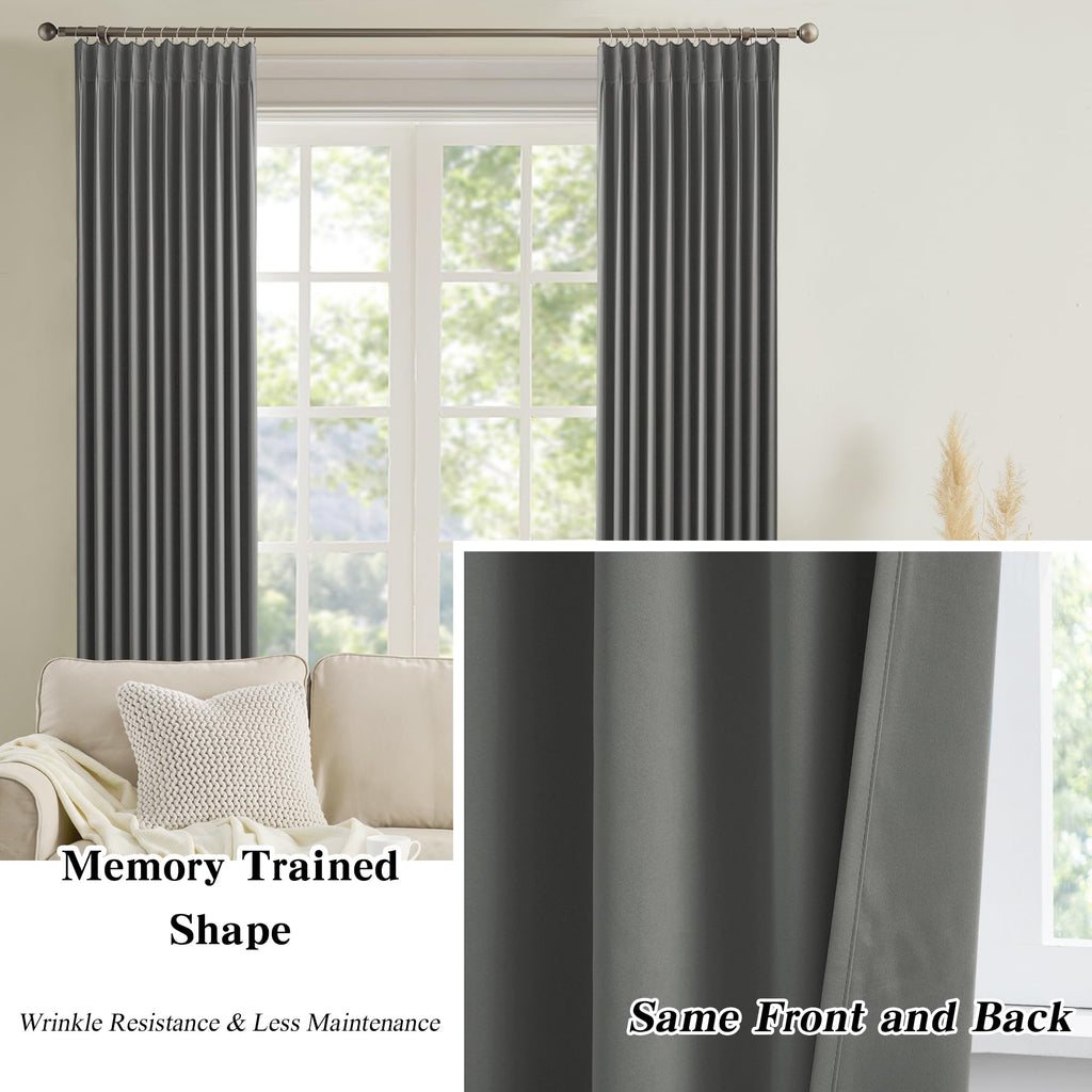 Grey Block Out Curtains, Sound Reducing Solid Window Treatment for Cafe/Kitchen/Night Shift, Blackout Curtain Panels
