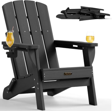 Folding Adirondack Chair, HDPE Adirondack Chairs with 2 Cup Holder, Plastic All-Weather Fire Pit Chairs, Outdoor Lawn