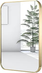 24X36 Inch Gold Bathroom Mirror, Brushed Gold Metal Framed Rectangular Mirror with Rounded Corner, Wall Mounted Vanity