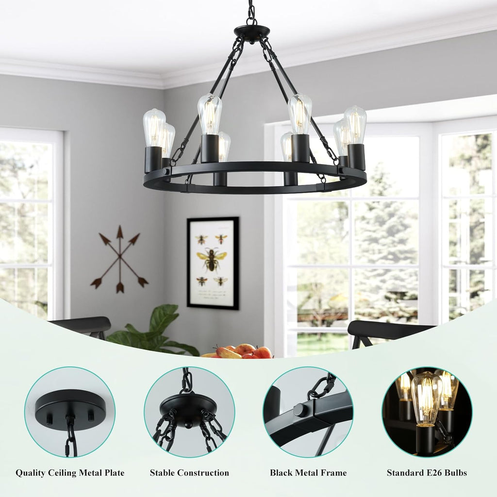 Inspired Camino Style Chandelier - 8 Lights Wagon Wheel Chandelier, Black Kitchen Island Lighting Fixture Round Metal Industrial Farmhouse Dining Room Pendant Light for Living Room Foyer Entryway,E26 Socket, 23.6". Height Adjustable