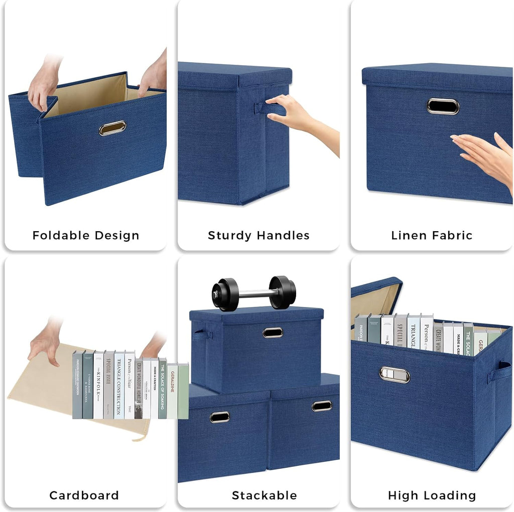 4 Pack Collapsible Fabric Storage Bins with Lids(Dark Blue 14.6x10.6x10.2 inches)