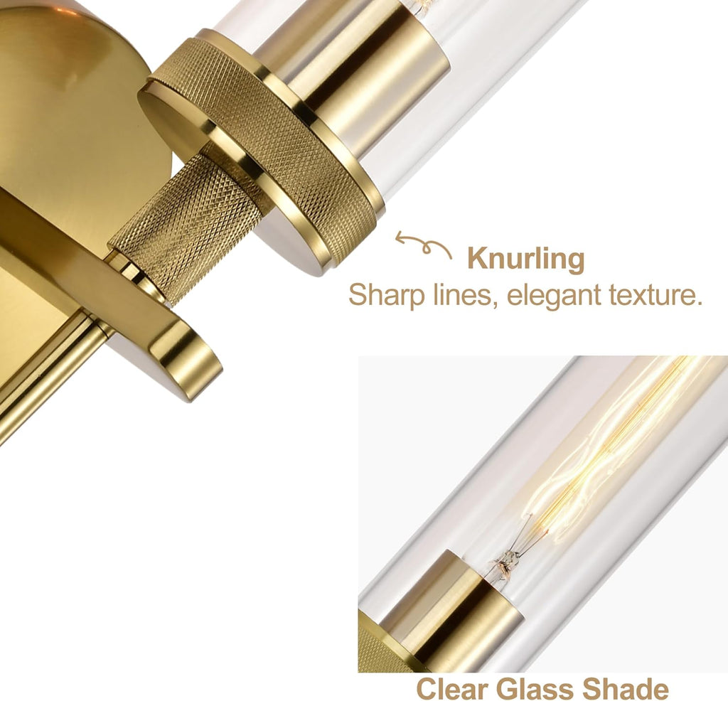 Gold Bathroom Light Fixtures Over Mirror, Hardwired Vanity Lights Set of 2 with Knurled Texture, Brushed Gold Wall