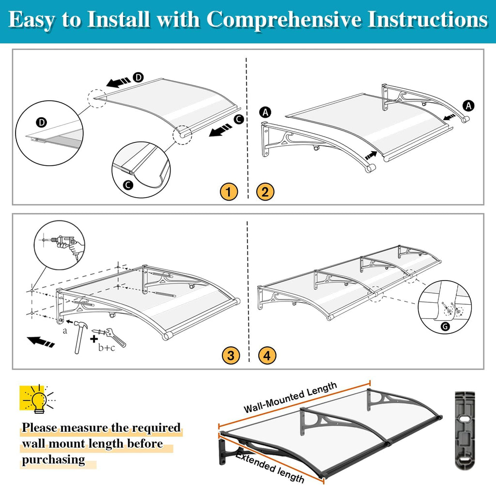 Awning for Door Entrance, Window Awnings Exterior with Aluminum Bracket, UV, Rain & Snow Protection, Durable