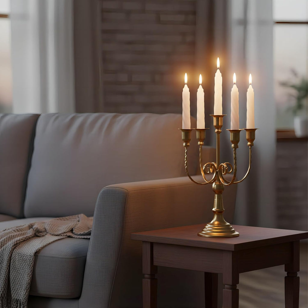 Metal Candelabra Gold Candle Stand 11.8” Tall, 5-Candle Candlestick Holder for Taper Candles, Candle Holder Party