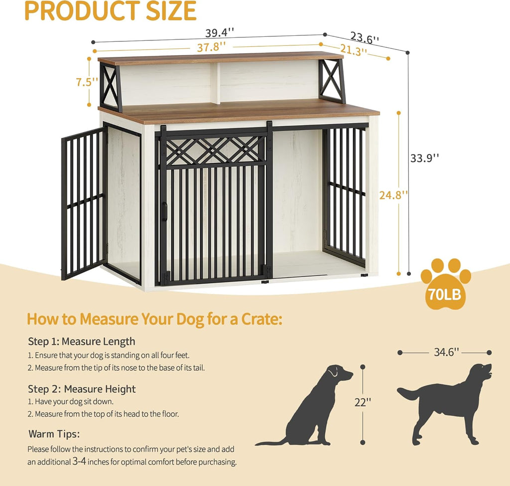 39.4'' Dog Crate Furniture, Large Wooden Dog Crate with Storage and 3 Doors, Indoor Kennel for Medium/Large Dogs