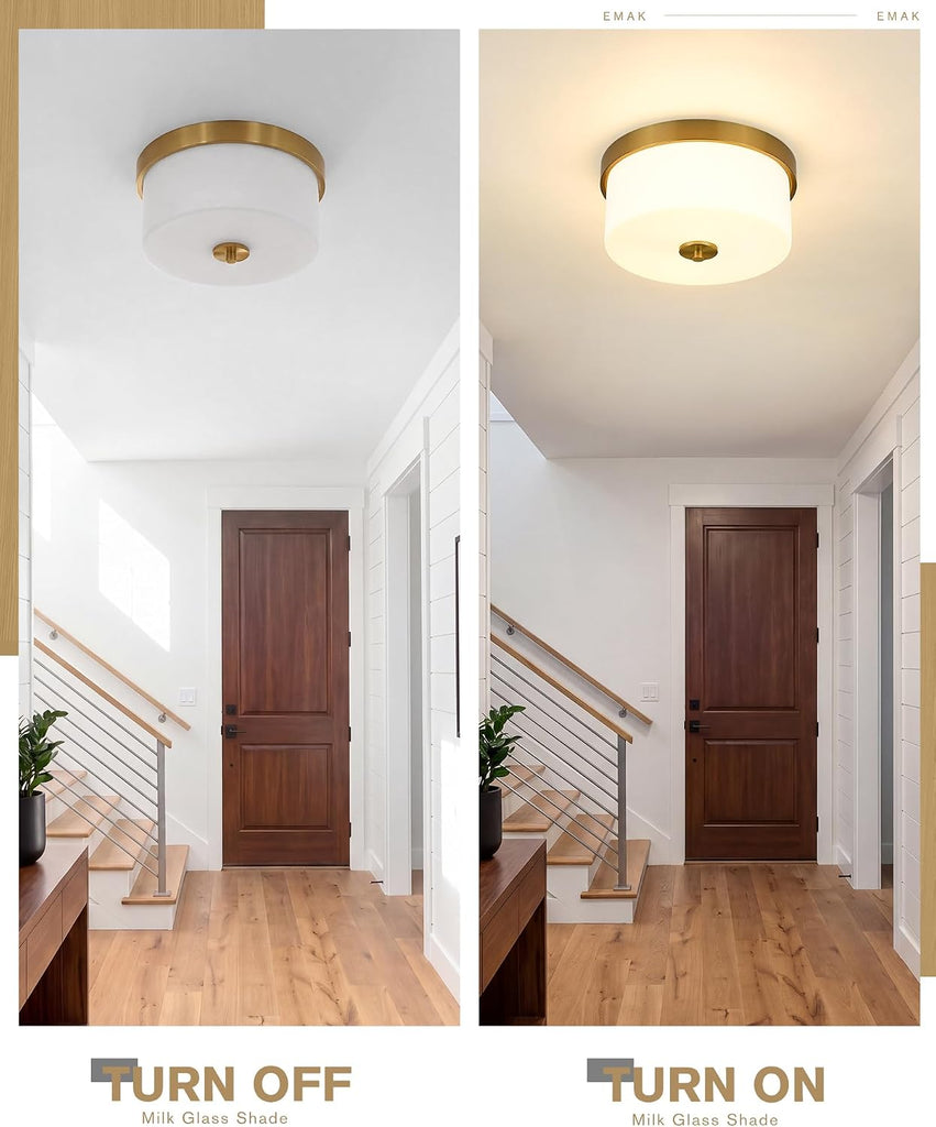11 Inch Brushed Gold Flush Mount Ceiling Light Fixture, 2-Light Fixtures Ceiling Mount with Milk Glass Shades