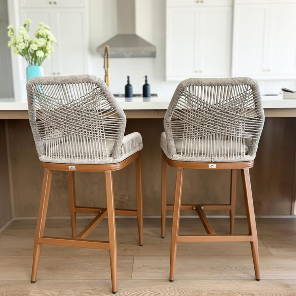 Outdoor Counter Height Bar Stools Chair Set of 2 Modern Patio Metal Stools with Backrest and Arm, Cushions Included