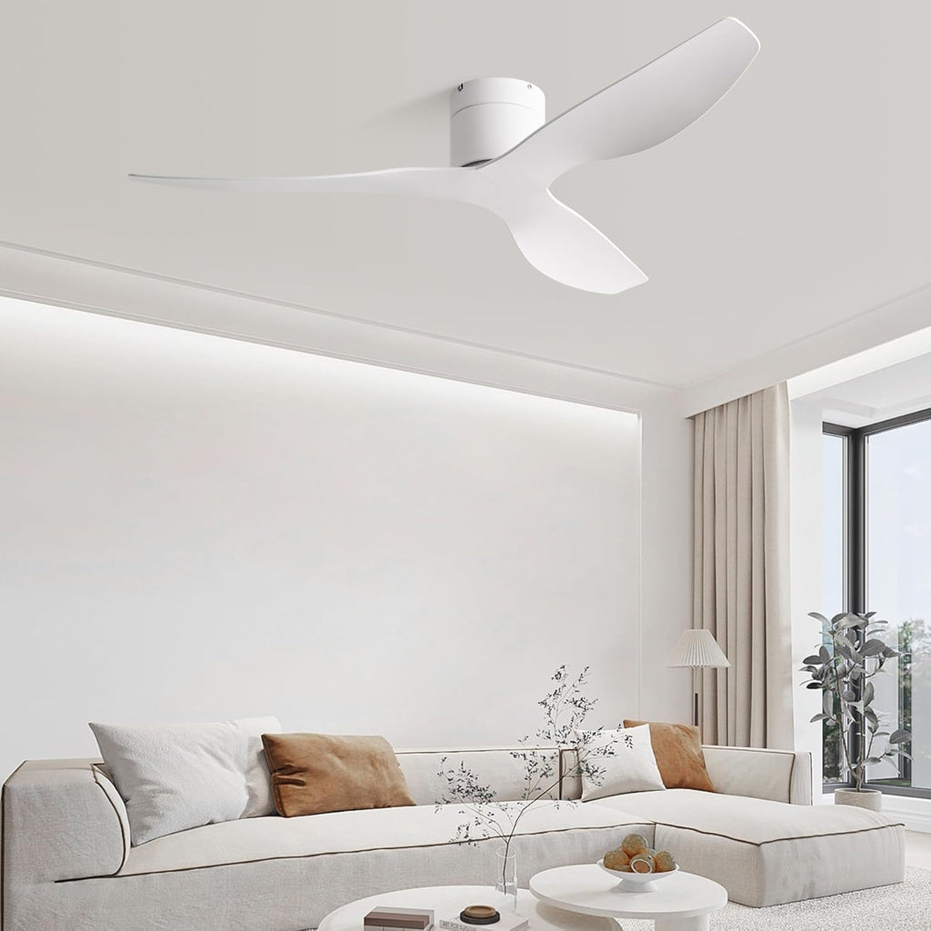 52" Low-Profile Modern Ceiling Fan with Remote – White Curved Blades, 3-Blade, DC Motor, No Light