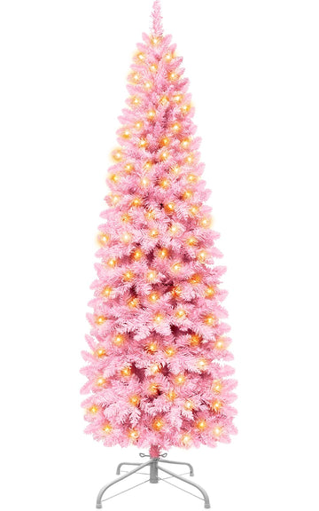 6Ft Prelit Artificial Slim Pink Christmas Tree, 240 LED Warm Lights