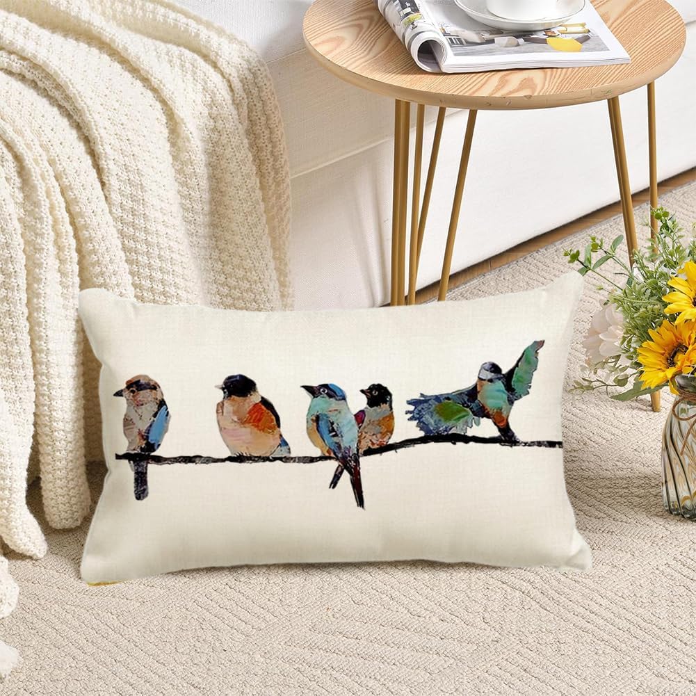 12x20 Lumbar Pillow Decorative Throw Pillows,Small Hand-Painted Outdoor Birds Pillowcases,Spring Summer Pillows