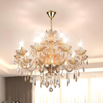 Luxury K9 Crystal Amber Color Modern Classic 15 Lights Ceiling Chandelier with Adjustable Height E12 Candelabra Base Fixture for Dining Room Kitchen Living Room