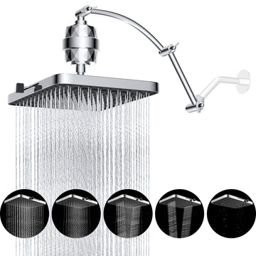 Rain Filtered Shower Head, 13'' High Pressure Rainfall 5 Modes Showerhead with 16" Shower Head Extension Arm, Solid