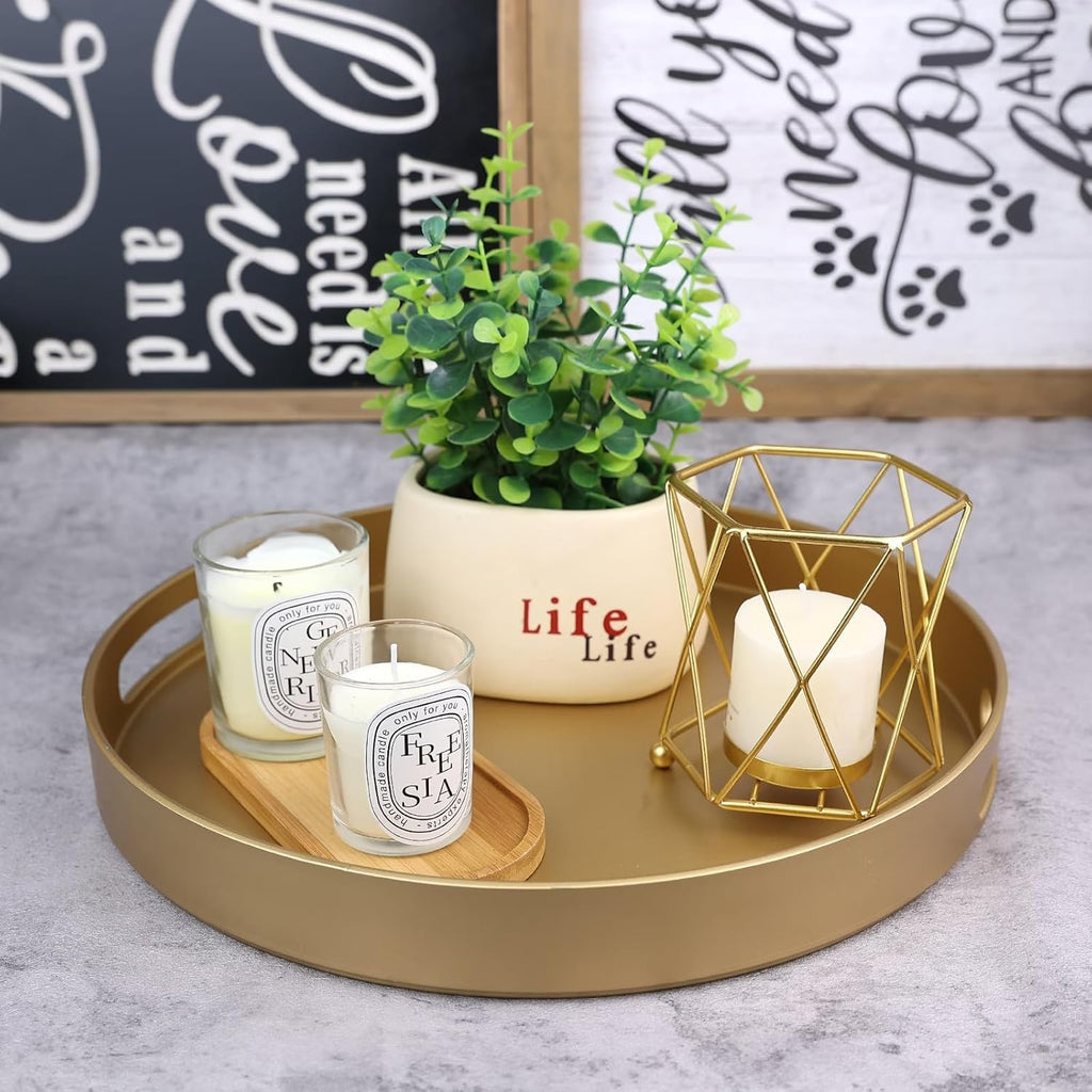 Round Gold Decorative Serving Tray with Handles, 13" Versatile Ottoman Tray for Coffee Table, Entertaining, Outdoor