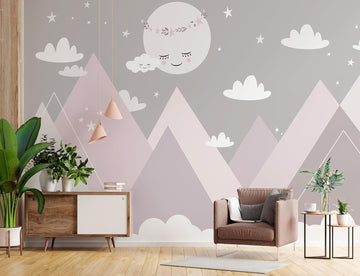 119.6x83inch Large Cartoon Geometric Mountain Wallpaper White Moon and Clouds Wall Decor Decals Murals Peel and Stick