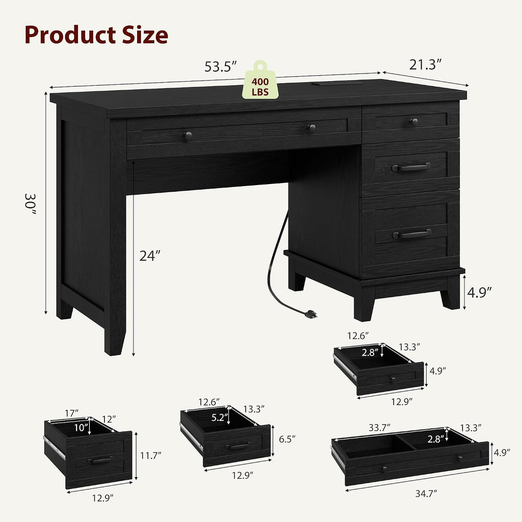 Farmhouse Executive Desk with Drawers, 53.54 in Home Office Desk with Charging Station