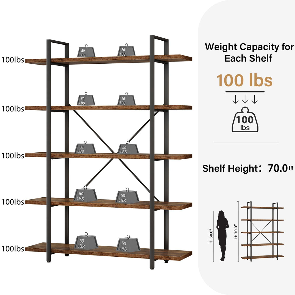 Rustic Wood Bookshelf, 5 Shelf Bookcases with Storage, Rustic Brown