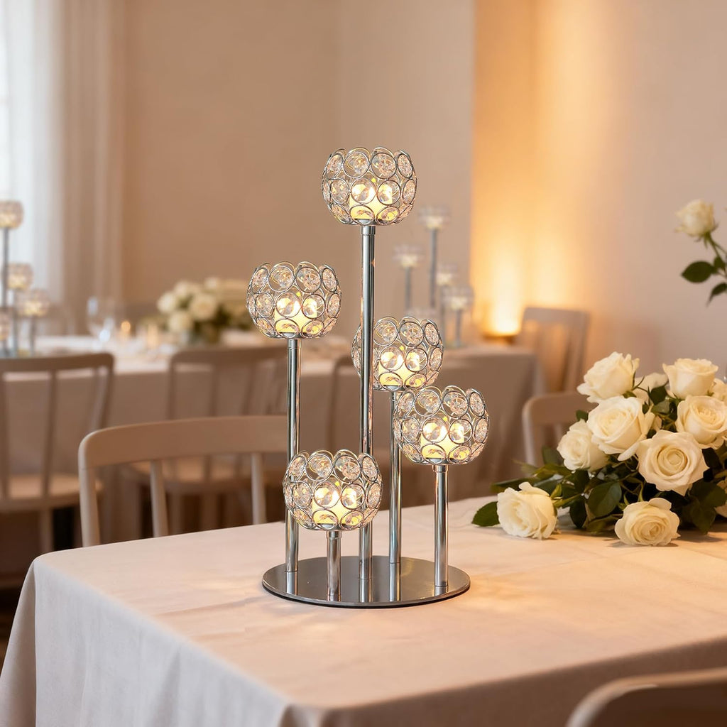 5-Arm Crystal Tealight Candelabra Centerpiece, 14.8 Inch Metal Candle Holder for Table Decor, Wedding, Christmas