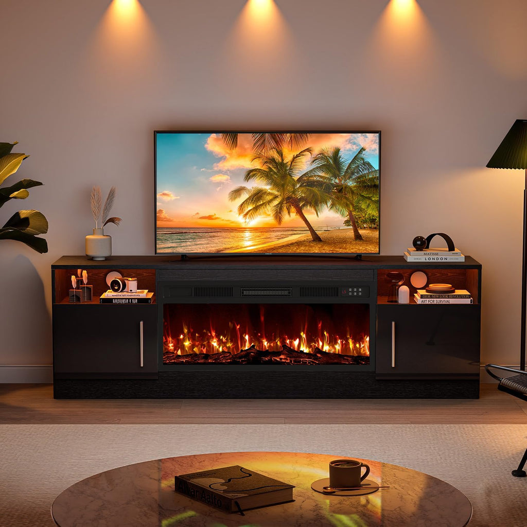 Fireplace with TV Stand 36" inch Electric Fireplace Up to 80" TVs, LED Light Entertainment Center, 70" Modern Wood