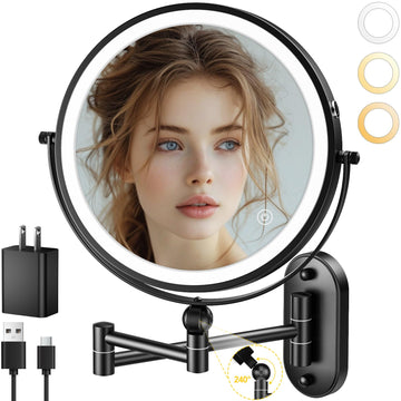 9" Wall Mounted Lighted Makeup Mirror,4000mAh Rechargeable Double Sided 1X/10X Magnifying Mirror with Light,3 Color