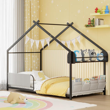 Twin Size House Bed with Storage Rack and Caddy | Montessori House Shape Bed Metal Floor Bedframe for Kids No Box