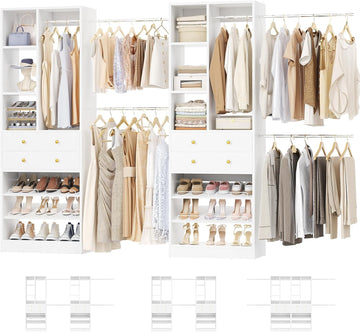 Closet System, Up to 134"/11.2 FT Closet Organizer with 4 Wooden Drawers and Shelves, Walk-in Closet System with 6