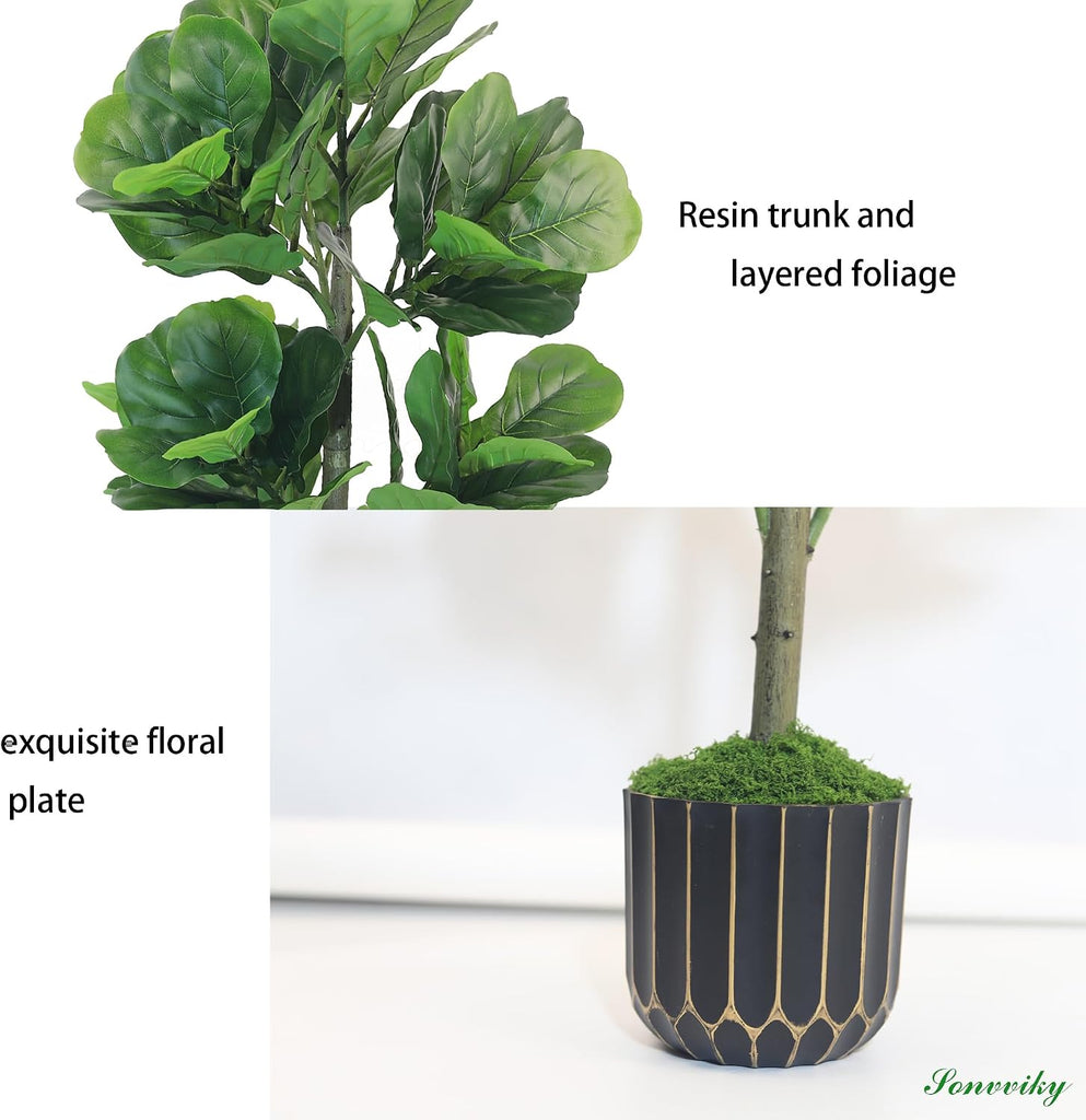 4FT Fiddle Leaf Fig Tree - Large Faux Trees Indoor Potted with Black Pot, Artificial Plants Indoor Tall Fake Tree