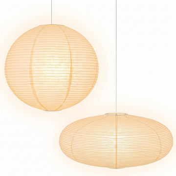 Inspired Noguchi Style 2 Pcs Chinese Paper Lanterns 20 Inch White Lampshade, Large Round and Oblate Pendant Lamp Shade, Rice Paper Lampshade