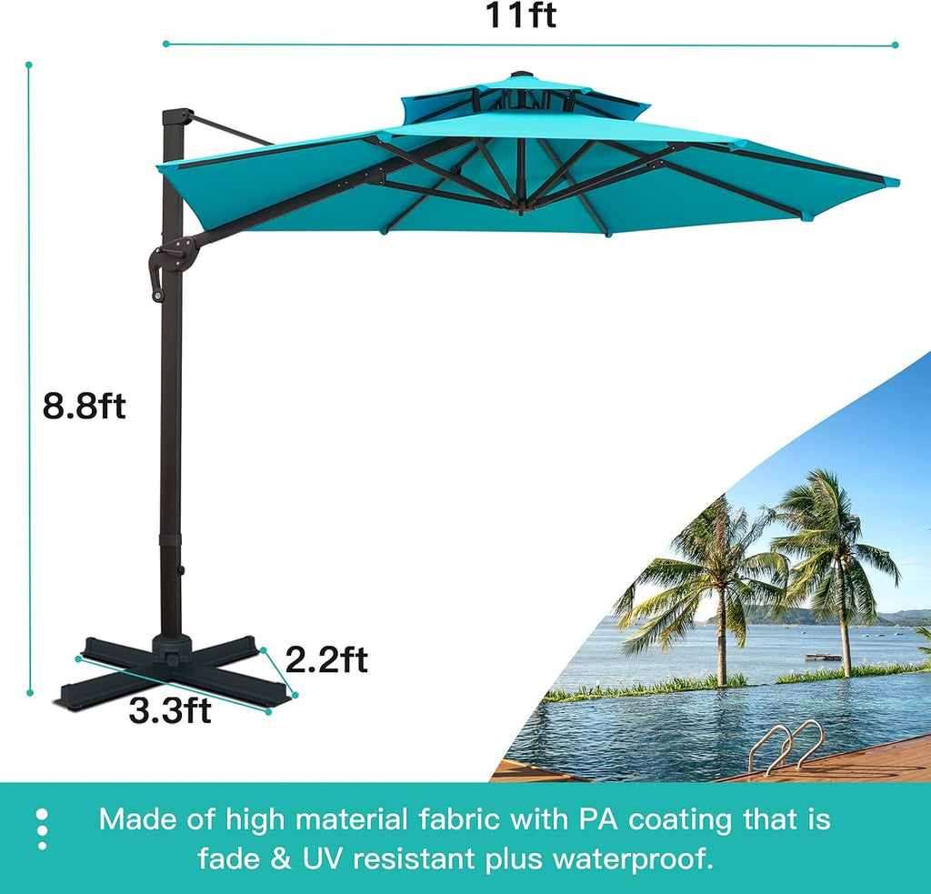 11FT Double Top Cantilever Patio Umbrella Deluxe Offset Umbrella 360° Rotation & Integrated Tilting System Heavy Duty