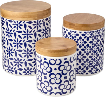 Madison Canister Set - Premium Porcelain with Bamboo Lids, Blue and White Patterns - Large 96 oz, Medium 80 oz - Set of 3