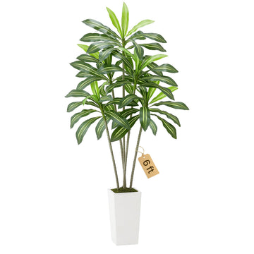 Artificial Dracaena Tree 6 ft, Fake Palm Tropical Plants with White Tall Planter, Faux Floor Silk Plant in Pot, Large