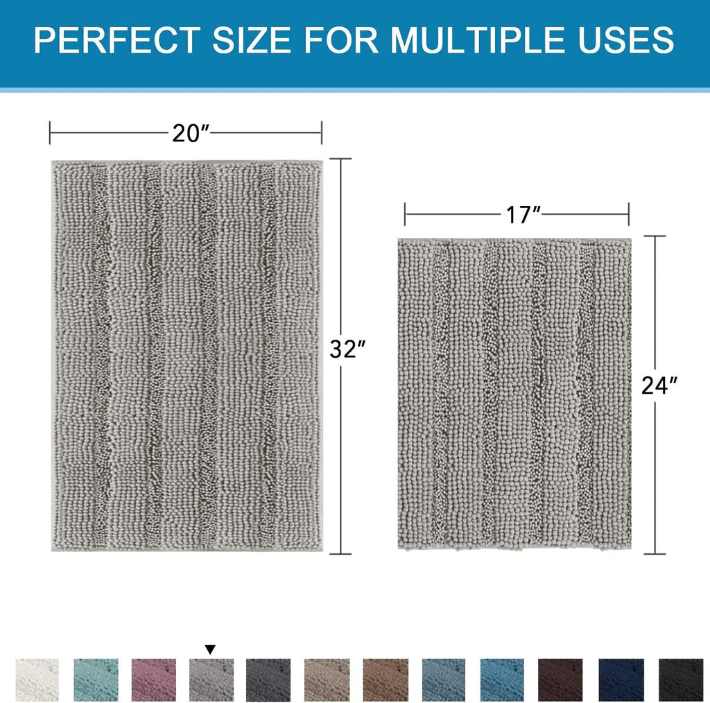 Non Slip Thick Shaggy Chenille Bathroom Rug Mat Set Extra Soft and Absorbent Striped Floor Rugs, 2 Piece