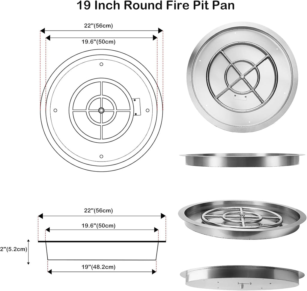 19 Inch Drop-in Round Fire Pit Kit with Spark Ignition Kit, Propane Gas Version, 304 Stainless Steel