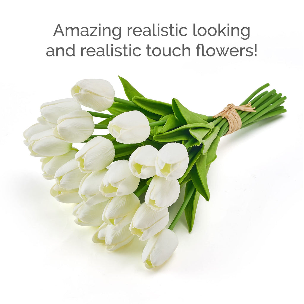 Artificial Tulip Bouquet, Realistic Artificial Flowers, 20 Piece 13 Inch, White
