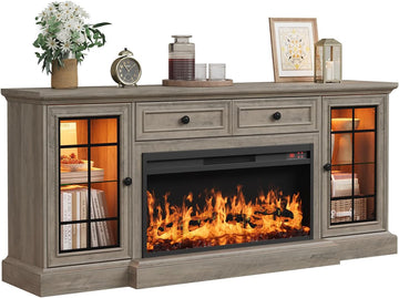 Fireplace TV Stand Up to 80" TVs, 70'' Modern Entertainment Center with 36" Electric Fireplace & LED Lights