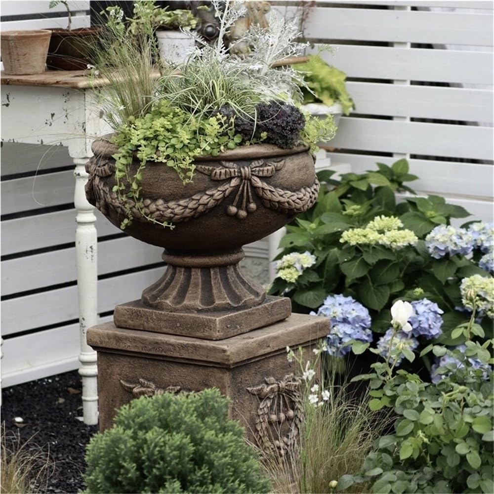 Vintage Magnesium Oxide Flower Pots, Large Urn Planter with Wide Pot | Freestanding Pedestal Planter, Fluted Planter