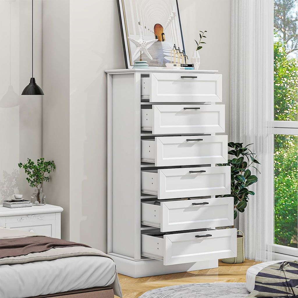 Tall White 6 Drawer Dresser, Wood Vertical Chest of Drawers , 55" H Modern Lingerie Dressers for Closet, Living Room