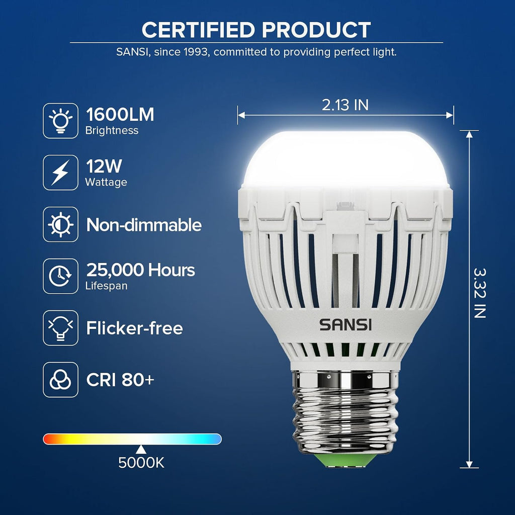 100W Equivalent A15 LED Light Bulb, 1600 Lumens 5000K Daylight White Bulb, Energy Saving 25,000 Hours Lifespan Non (4-Pack)