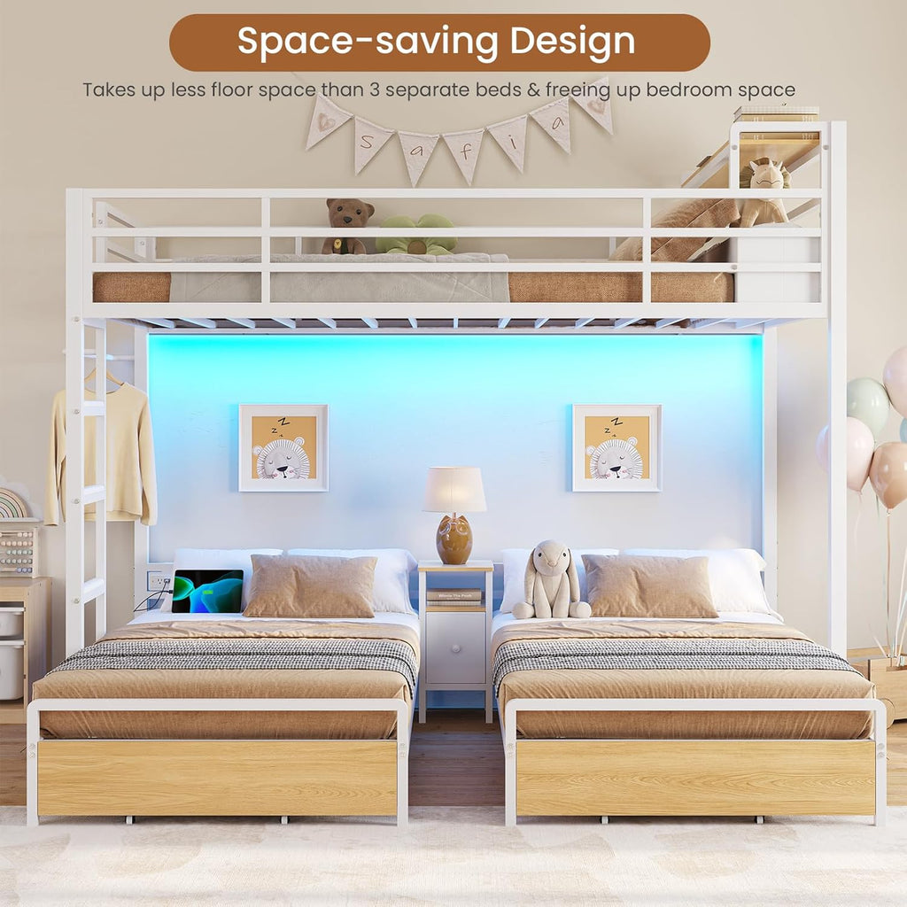 Triple Bunk Bed for Kids with Storage Drawers and Charging Station Twin Over Twin Metal 3 Bunk Bed with Storage
