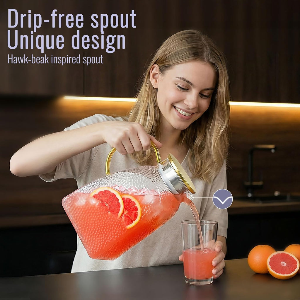 Glass Pitcher With Lid and Spout, 1.8 Liter 60 oz Glass Pitchers With Handle And Lid, Jug Water Pitchers For Fridge