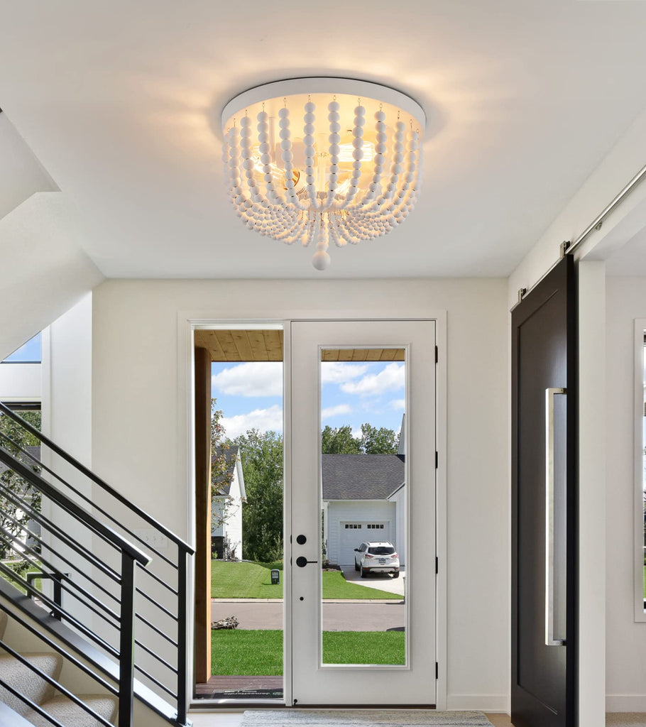 White Boho Beaded Chandeliers Flush Mount Ceiling Light, 3-Lights Small Chandelier Light Fixture, Stairway Gazebo