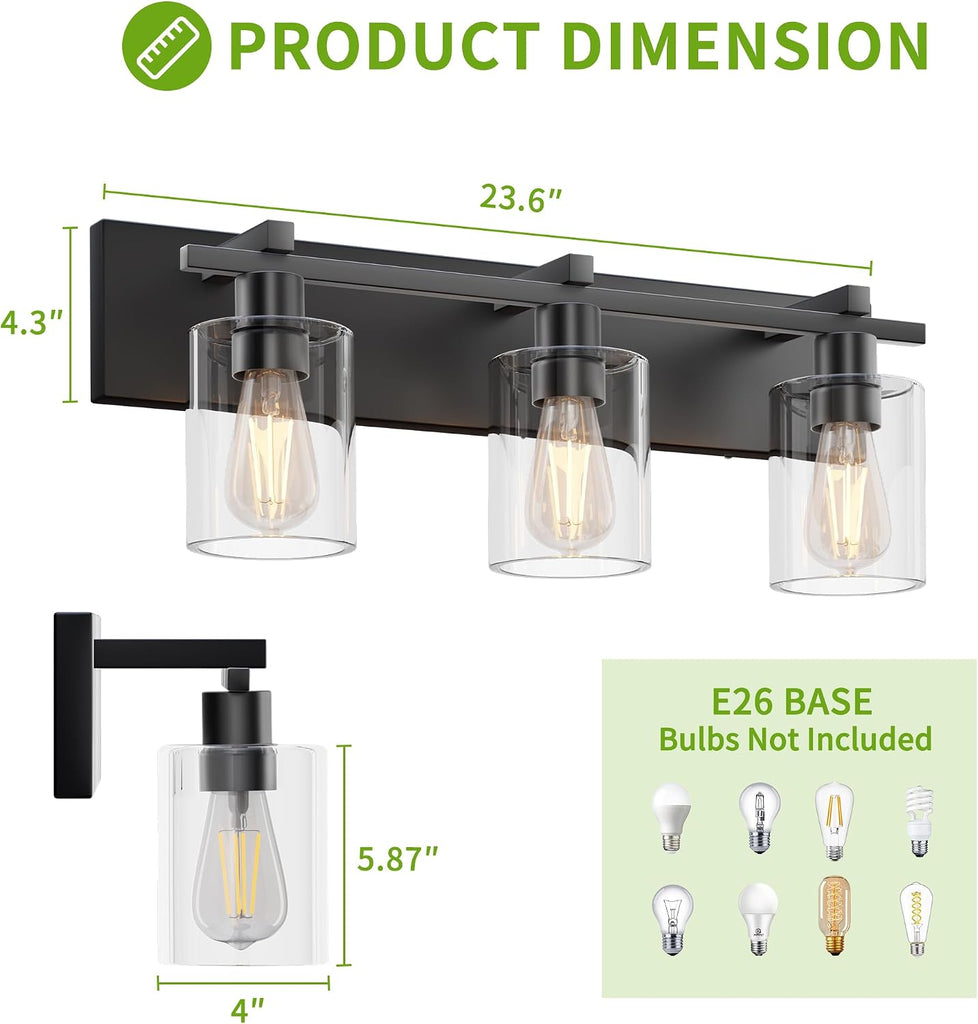 Bathroom Vanity Light,3 Light Matte Black Vanity Light with Thickened Clear Glass Shade, 21 inch Dimmable Modern Wall