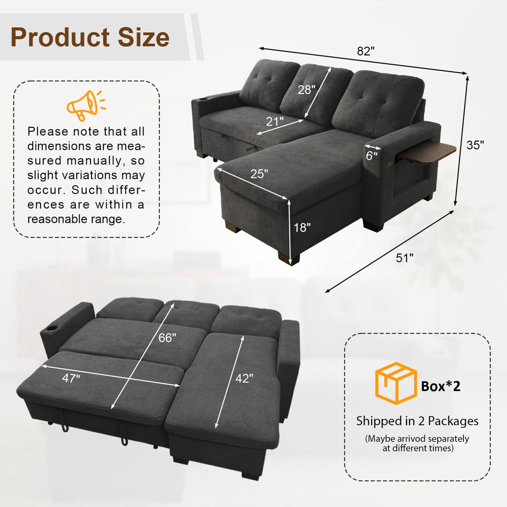 82" L Shaped Sleeper Sofa Bed, Pull Out Sectional Couch with Storage Chaise/Reclining Backrest, Sectional Couches