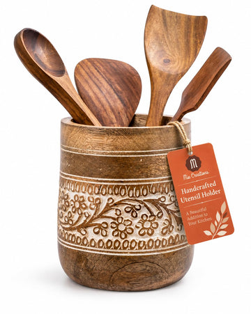 Farmhouse 7'' Large Wooden Utensil Holder, White Floral