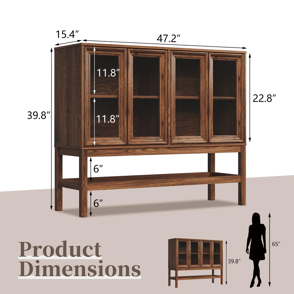 Sideboard Buffet Cabinet with Storage, Small Kitchen Coffee Wine Bar Cabinet with Glass Press-to-Open Doors, Wood Mid