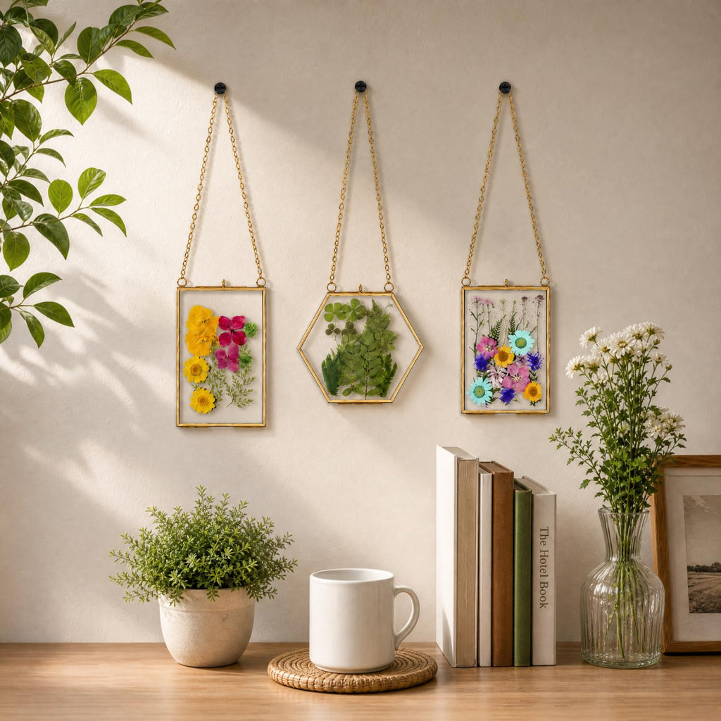 3 Pack Pressed Flowers Glass Frames, Brass Hanging Picture Frames with Chain, Small Golden Floating Photo Frame